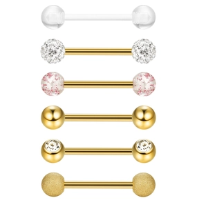 Lot de 12 piercings de langue en acier doré avec boules en acrylique et cristaux