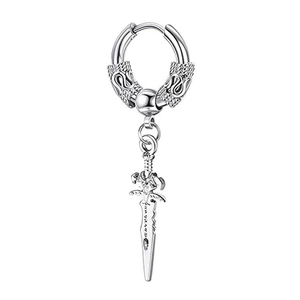 Gothic stainless steel hoop earring with a detailed silver dagger pendant on white background