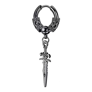 Macro detail of gothic dagger earring in matte black stainless steel with dragon texture