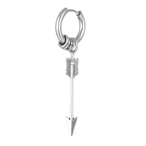 Macro view of polished stainless steel hoop earring with a detailed arrow feather pendant