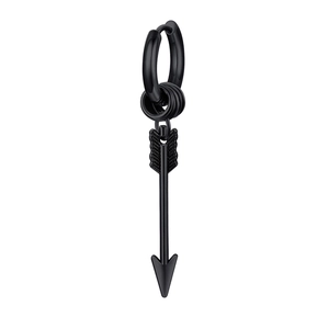 Detail view of matte black stainless steel earring featuring a sleek arrow pendant