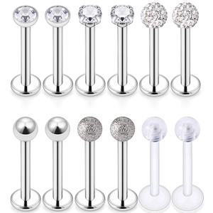 316L Surgical Steel Lip Studs Bioflex Acrylic Labret Piercing Jewelry Set For Women Men Clear Zircon Rhinestone Inlaid Flat Back Piercing Studs