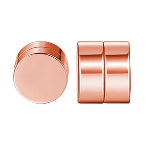 Detailed close-up of rose gold magnetic cylinder stud earrings with polished mirror finish