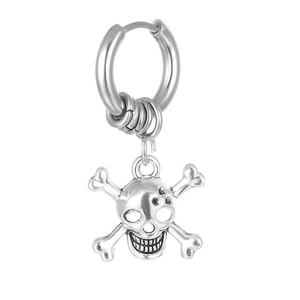 Detailed silver stainless steel skull crossbones pendant earring with metallic luster