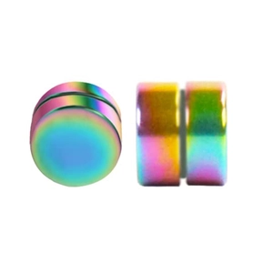 Detail of magnetic rainbow stainless steel stud earrings showing multi-color gradient finish