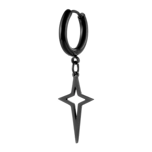Detail shot of matte black stainless steel hoop earring with hollow four-pointed star pendant