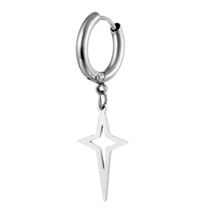 Detailed macro view of polished stainless steel earring with hollow four-pointed star charm