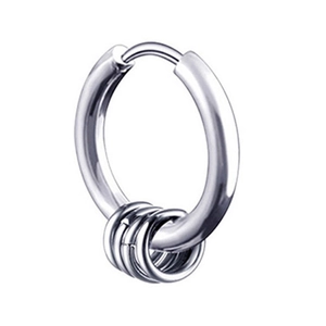 Detailed close-up of stainless steel hoop earrings with three small decorative metal rings