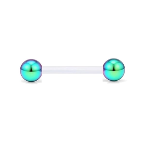 Tongpiercing met iriserende metalen ballen en flexibele, transparante barbell staaf