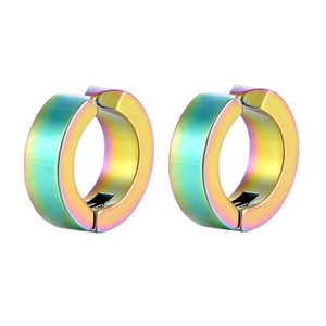 Macro detail of rainbow gradient stainless steel ear clips for non-pierced ears