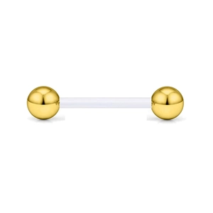 Macro-opname van 14G tongpiercing met gouden metalen balletjes en flexibele acryl staaf