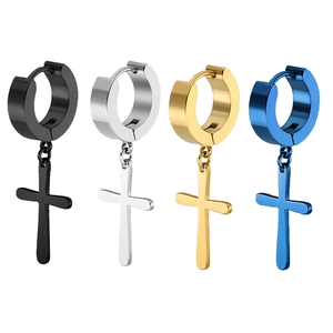 Orecchini a cerchio con ciondolo a croce in quattro colori: nero, argento, oro e blu