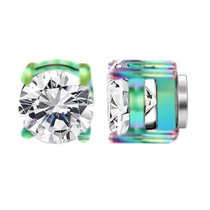 Detailed view of rainbow plated magnetic stud earrings with clear round cubic zirconia stones