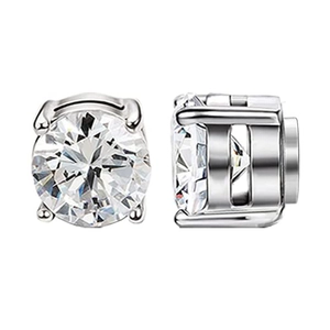 Detailed view of silver stainless steel stud earrings with four-prong round zircon setting