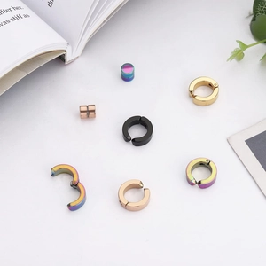 Polished stainless steel hoop earrings set in black gold silver and rainbow colors
