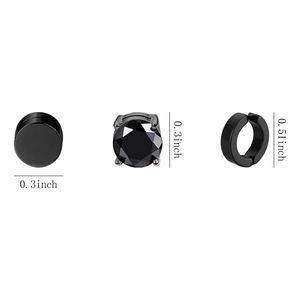 Detailed size chart for black stainless steel stud and hoop earrings set in inches