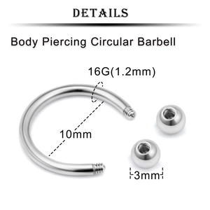 Detalle de piercing circular barbell de acero inoxidable 16G con diámetro interno de 10mm