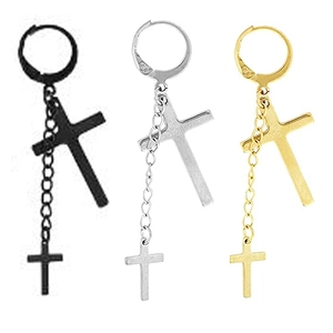 Orecchini a cerchio con croce in nero, argento e oro con eleganti catene pendenti