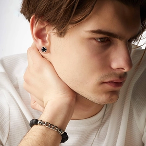 Men's black stud earring with skull charm bracelet and silver chain necklace set