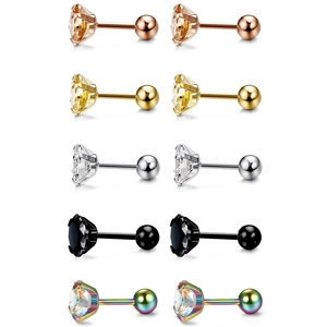 Lot de 5 paires de boucles d'oreilles en acier inoxydable avec zircone ronde à 4 griffes