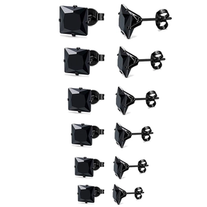 Set of 6 black stainless steel square stud earrings with princess cut cubic zirconia