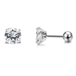 Détail de boucles d'oreilles en zircone ronde à 4 griffes avec fermoir à bille vissé