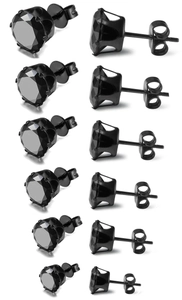 Detail showing six pairs of black cz stud earrings with 6-prong crown setting on white background