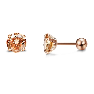 Détails des boucles d'oreilles en or rose avec fermoir à vis et zircon champagne rond