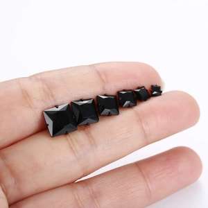 Set of six black square-cut cubic zirconia stud earrings with 4-prong setting for women