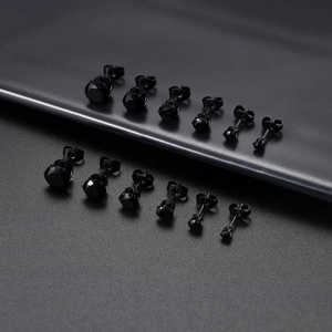 Set of 6 pairs black stainless steel stud earrings with round cubic zirconia in various sizes