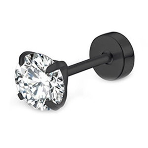 Détail d'un clou d'oreille en acier noir avec zircon rond serti à quatre griffes