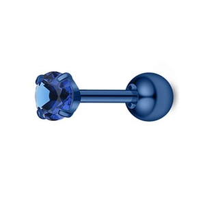 Vue macro d'un clou d'oreille en zircone bleue à 4 griffes avec fermoir à bille vissé