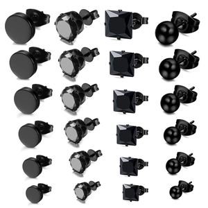 Black Stainless Steel Stud Earrings Round Square Zirconia Ball Flat Disc Punk Minimalist Unisex Jewelry For Men Women
