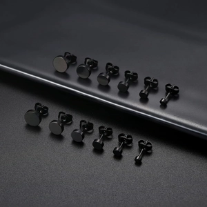 Set of 6 pairs black stainless steel stud earrings in graduated sizes for daily wear