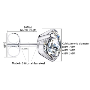 Makro-Detail des 316L Edelstahl Zirkonia Ohrsteckers mit Angabe der Größenparameter