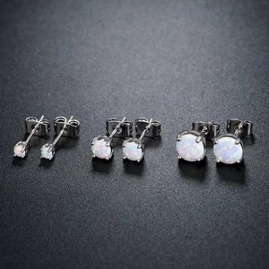 Three pairs of stainless steel stud earrings with white opal in 3mm 4mm and 5mm sizes