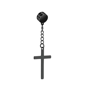 Black stainless steel magnetic cross earring with chain and clip on design for non pierced ears