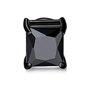 Detail of a square cut black gemstone stud earring with classic four-prong setting
