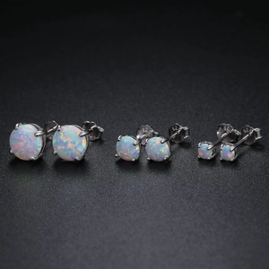 Three-piece set of white opal stud earrings with 4-claw stainless steel settings