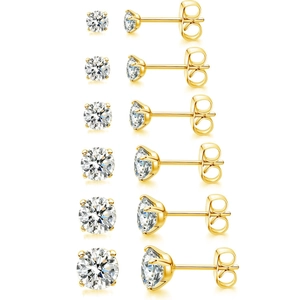 Sechs Paar goldene Zirkonia-Ohrstecker mit Vier-Krallen-Fassung in Größen von 3 mm bis 8 mm