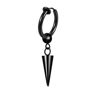 Detail of black stainless steel hoop earring with long cone spike pendant in industrial style