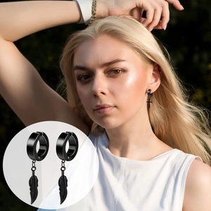 Black stainless steel hoop earrings set featuring cross and feather pendants for men and women