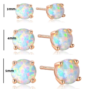 Rose gold opal stud earrings set in 3mm 4mm and 5mm sizes with four-prong settings