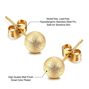 Matte gold stainless steel ball earrings with hypoallergenic safety pins for women