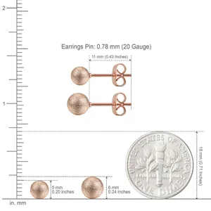 Size guide for rose gold frosted stainless steel stud earrings with metric measurements