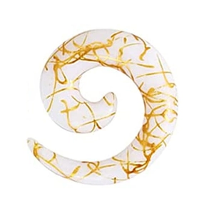 Macro detail of acrylic spiral ear expander with embedded gold thread marble texture