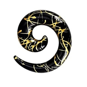 Macro detail of acrylic ear spiral taper with golden splash pattern and black finish