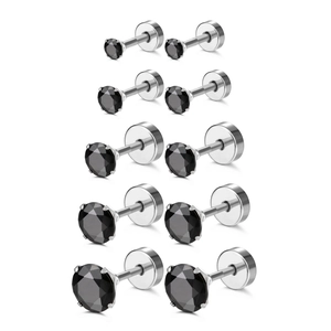 Set di 5 paia di orecchini a lobo con zirconi neri in acciaio inox e chiusura a vite