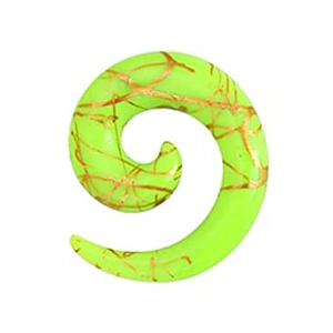 Close-up of neon green acrylic spiral ear taper with golden wire texture detail