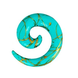 Teal and gold spiral acrylic ear taper gauge showing intricate marble texture detail